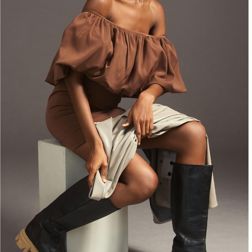 NIKITA MHAISALKAR ANTHROPOLOGIE NWT Off-The-Shoulder Bubble Dress Brown Chic - Picture 8 of 8